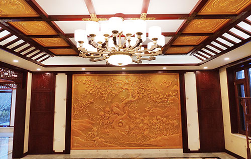 开州中式别墅客厅中式木作横梁吊顶装饰展示