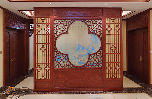 开州会所室内装修中式仿古实木屏风隔断展示